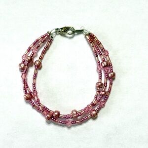 Handmade 3 Strand Pink Beaded Bracelet 7 Inches New